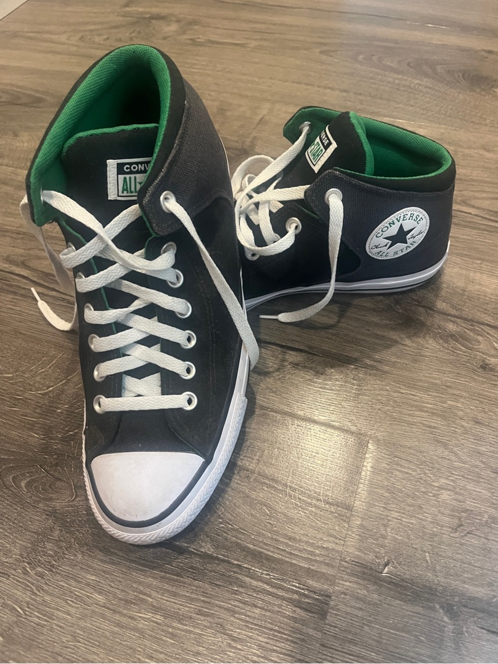 Converse Black High-Top Sneakers with White Laces and Green Lining